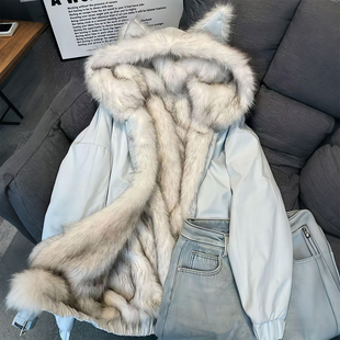 特大码 胖mm毛茸茸连帽棉服女双面穿宽松加厚保暖百搭棉衣外套 女装