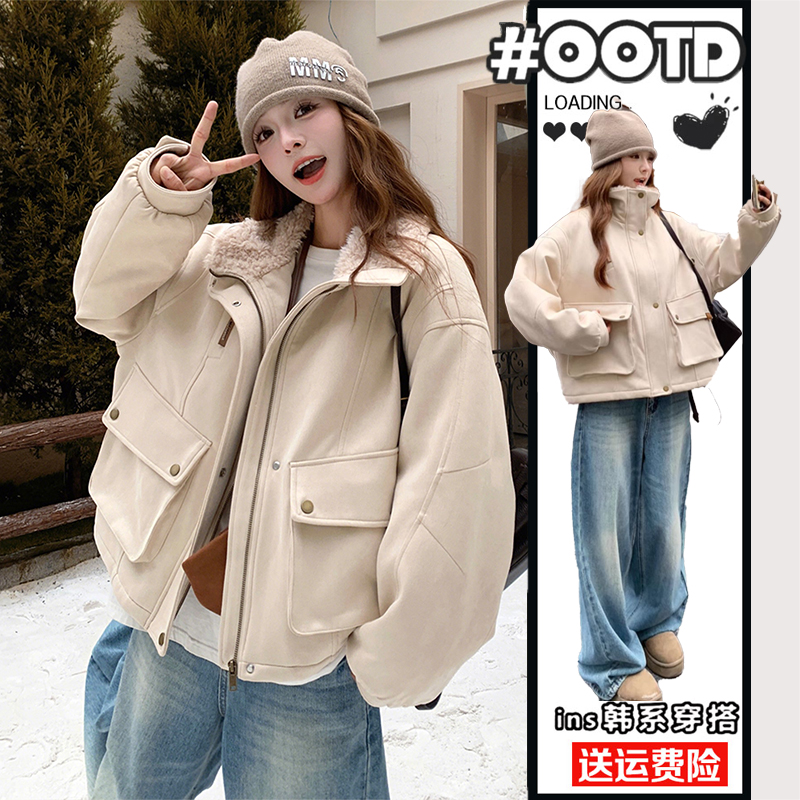 大码女装胖mm冬季加绒加厚工装棉服女宽松显瘦保暖设计感棉袄外套