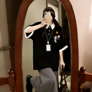 t恤女黑色宽松显瘦百搭上衣潮 学院风polo领短袖 300斤胖mm大码 女装