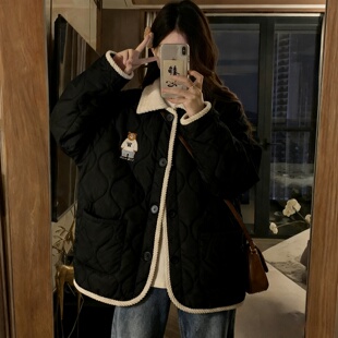 风小熊刺绣棉服女翻领撞色拼接保暖棉衣外套潮 胖mm韩式 特大码 女装