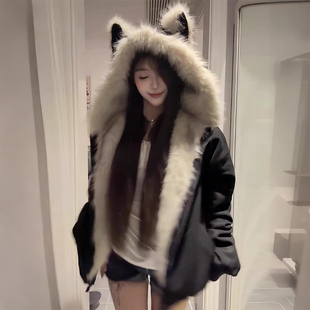 300斤胖mm大码 保暖加厚猫耳朵棉袄外套潮 可爱毛领连帽棉服女冬季