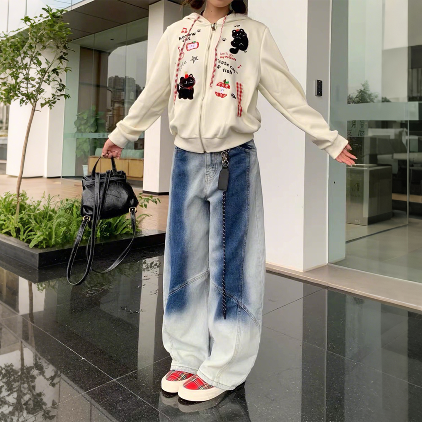 大码女装美式复古渐变牛仔裤