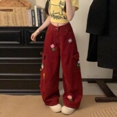 女装 胖mm复古花朵刺绣多口袋工装 牛仔裤 大码 女高腰显瘦百搭直筒裤