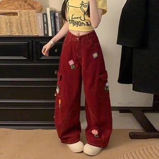 大码女装胖mm复古花朵刺绣多口袋工装牛仔裤女高腰显瘦百搭直筒裤