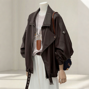 特大码女装胖mm复古机车风翻领皮衣外套女短款宽松显瘦夹克上衣潮