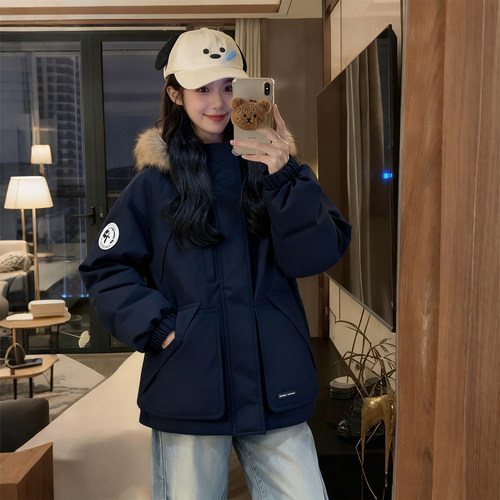 特大码女装胖mm工装风大毛领棉服