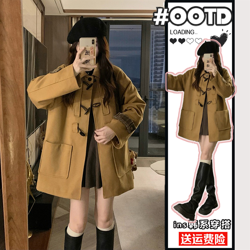 300斤胖mm大码时尚牛角扣呢子大衣女冬季新款加厚学院风毛呢外套