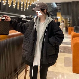 宽松加厚棉服 300斤胖mm大码 女装 菱格假两件连帽棉衣外套秋冬款