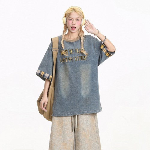 特大码美式复古牛仔蓝字母T恤