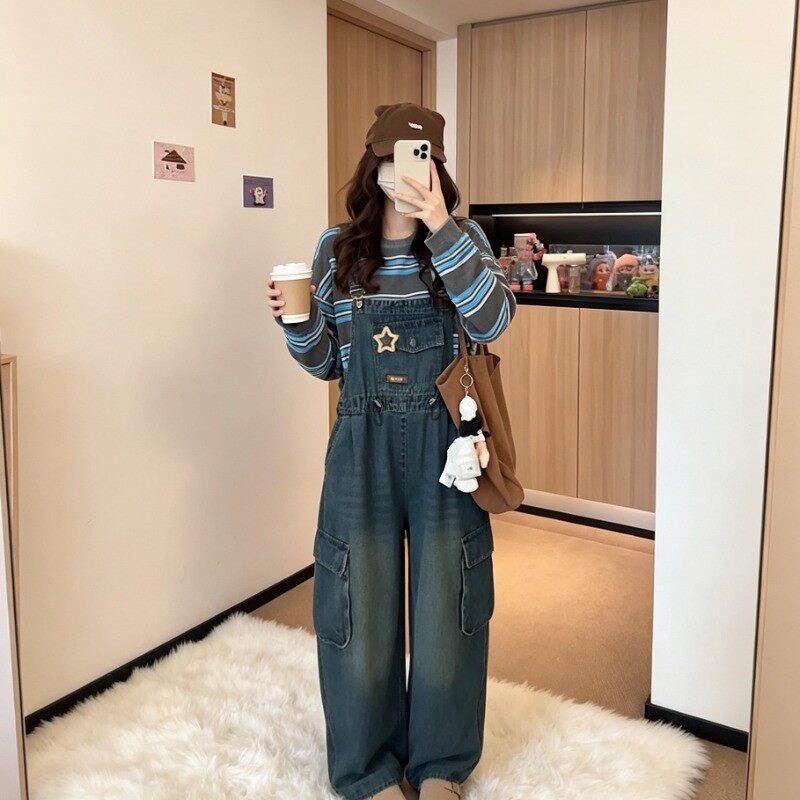300斤胖mm大码女装复古背带牛仔裤女秋季新款宽松显瘦直筒阔腿裤