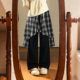 300斤大码 女胖mm高腰显瘦百搭休闲长裤 女装 格子拼接假两件阔腿裤