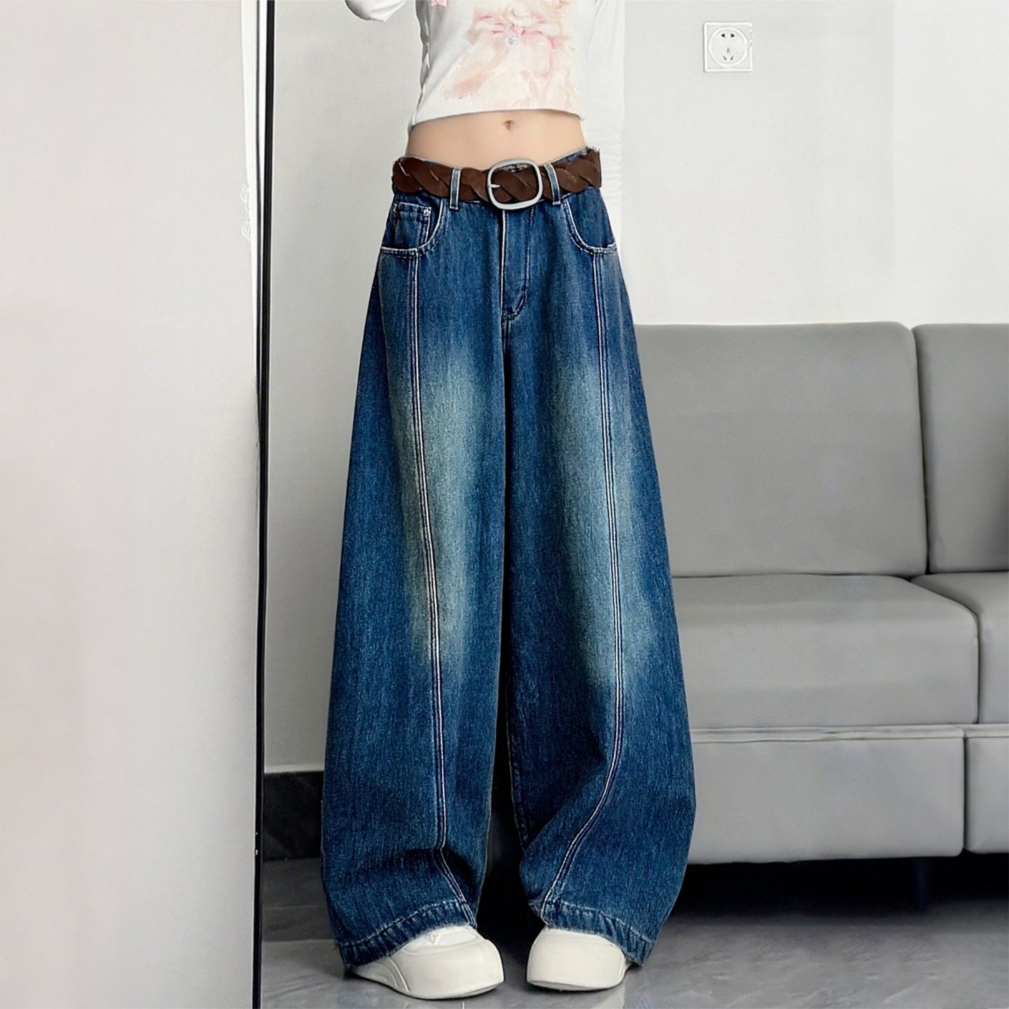 300斤大码女装胖mm美式复古弯刀牛仔裤女梨型高腰显瘦阔腿拖地裤,女装/女士精品,大码裤装,淘宝优惠券,粉丝福利购,淘宝优惠卷
