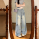 女高腰显瘦阔腿裤 胖mm复古卡通KT猫刺绣设计牛仔裤 女装 300斤大码