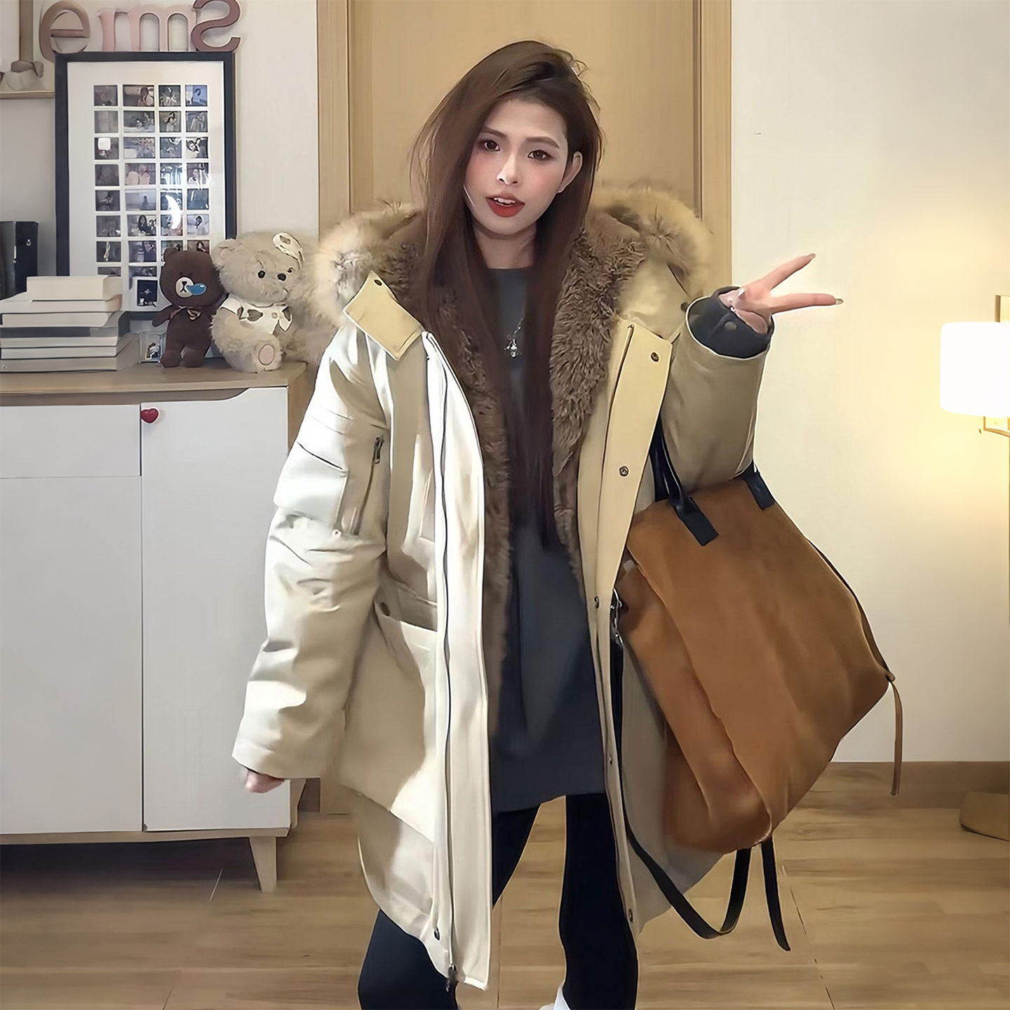 特大码胖mm工装风毛领棉服