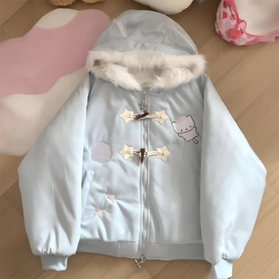 300斤特大码 甜美可爱风卡通连帽棉服女加厚保暖减龄棉袄外套 女装