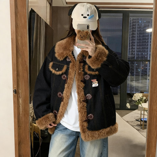 大码女装胖mm慵懒风毛绒领牛仔外套女宽松显瘦加厚保暖棉衣外套潮