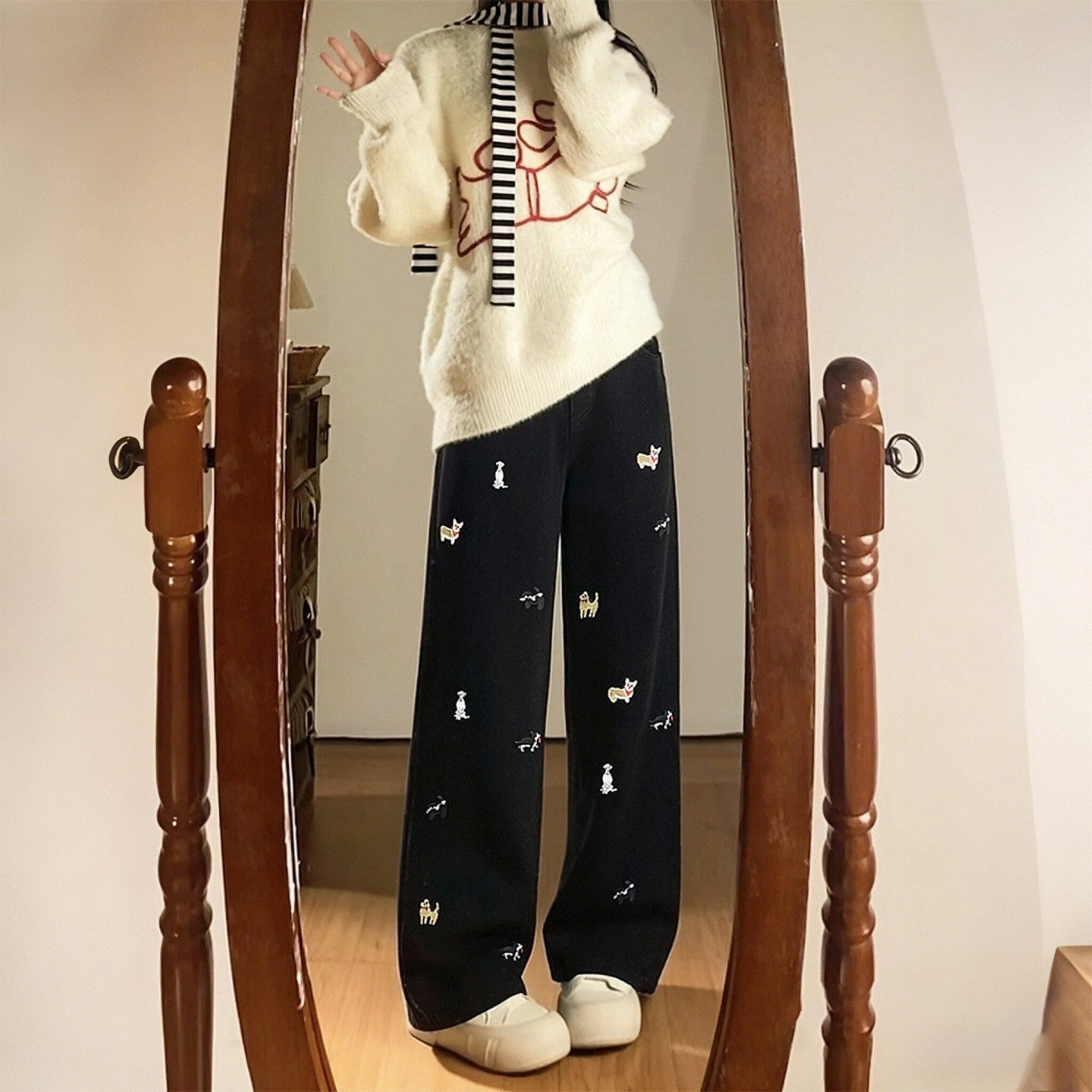 特大码女装胖mm复古小狗刺绣阔腿牛仔裤女高腰显瘦百搭直筒拖地裤,女装/女士精品,大码裤装,淘宝优惠券,粉丝福利购,淘宝优惠卷