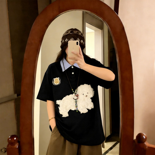 大码女装学院风小狗刺绣POLO衫