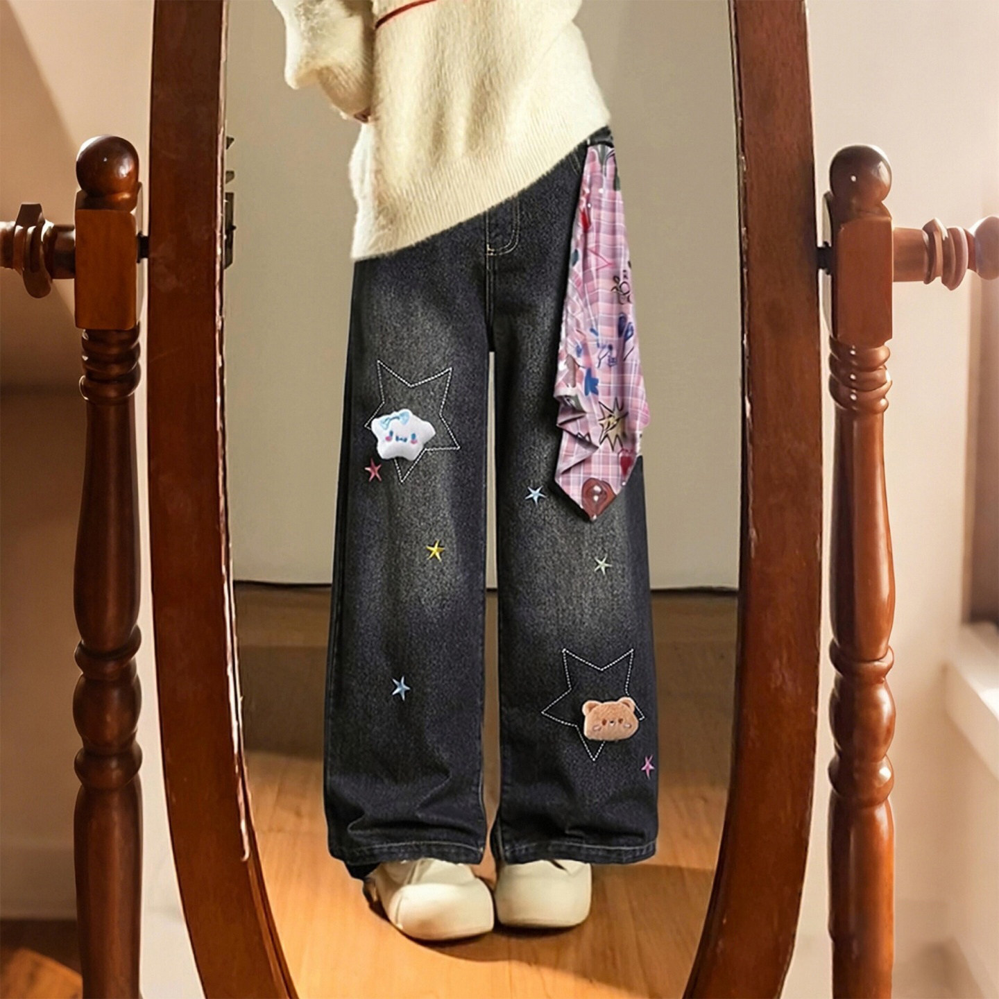 大码女装胖mm美式街头风卡通星星刺绣牛仔裤女高腰显瘦直筒阔腿裤,女装/女士精品,大码裤装,淘宝优惠券,粉丝福利购,淘宝优惠卷