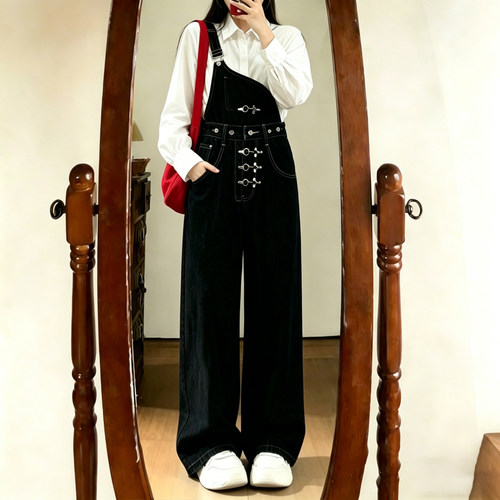 大码女装美式复古牛仔阔腿背带裤