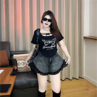 特大码女装胖mm复古木耳边牛仔短裤女高腰显瘦A字阔腿花边热裤潮