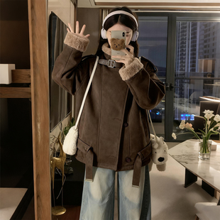 300斤胖mm大码 机车服显瘦棉服潮 甜酷风皮毛一体羊羔毛外套女冬季