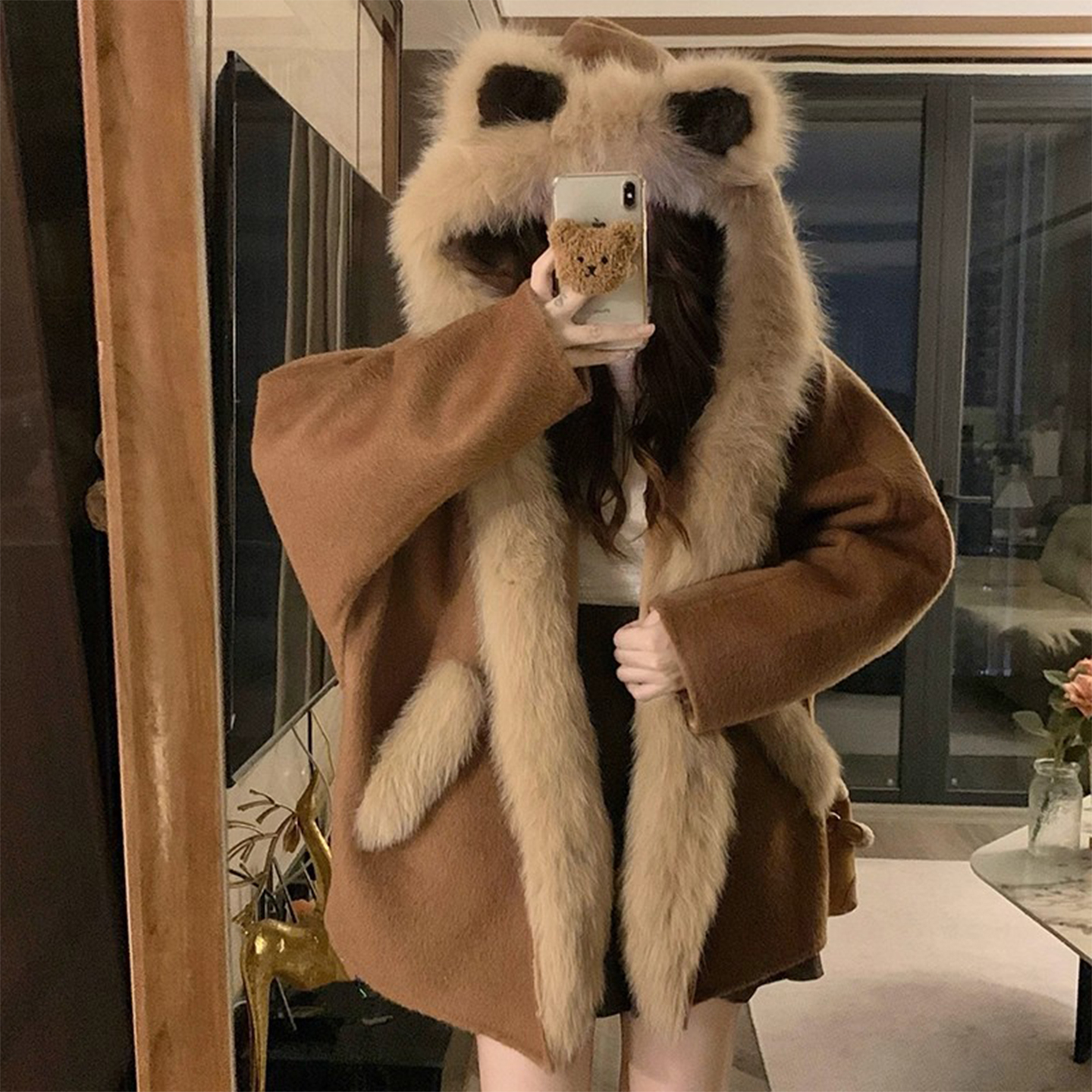 特大码女装设计感连帽毛领棉服