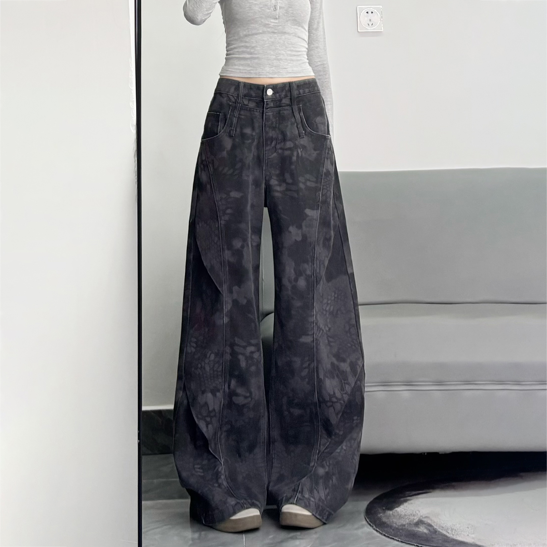 大码女装胖mm宽松百搭设计感印花阔腿牛仔裤女高腰遮肉显瘦直筒裤