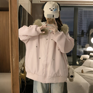 粉色毛领连帽棉服女冬季 胖mm韩版 宽松加厚保暖棉袄外套 女装 特大码