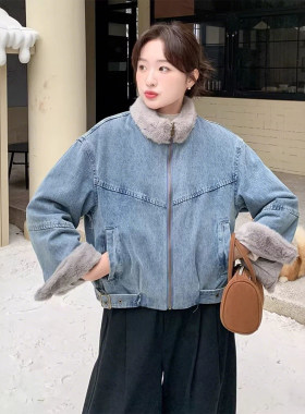 特大码女装宽松立领牛仔棉衣外套