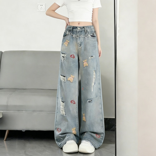 大码女装高腰显瘦阔腿牛仔裤