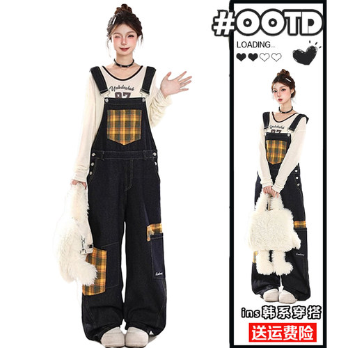 大码美式复古格子牛仔背带裤女