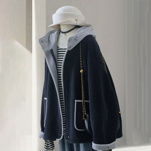 特大码女装胖mm撞色拼接连帽棉服