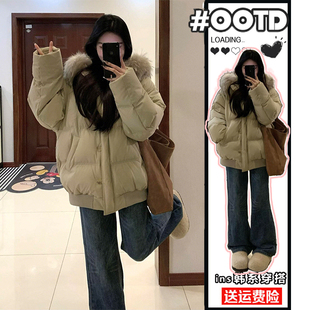 300斤大码 胖mm韩系连帽棉服女加厚保暖设计感通勤棉衣外套潮 女装