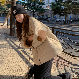 撞色菱格加厚棉服秋冬新款 女装 休闲百搭棉衣外套 300斤胖mm大码