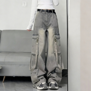 女高腰设计感街头风阔腿裤 特大码 多口袋牛仔裤 胖mm复古工装 潮 女装