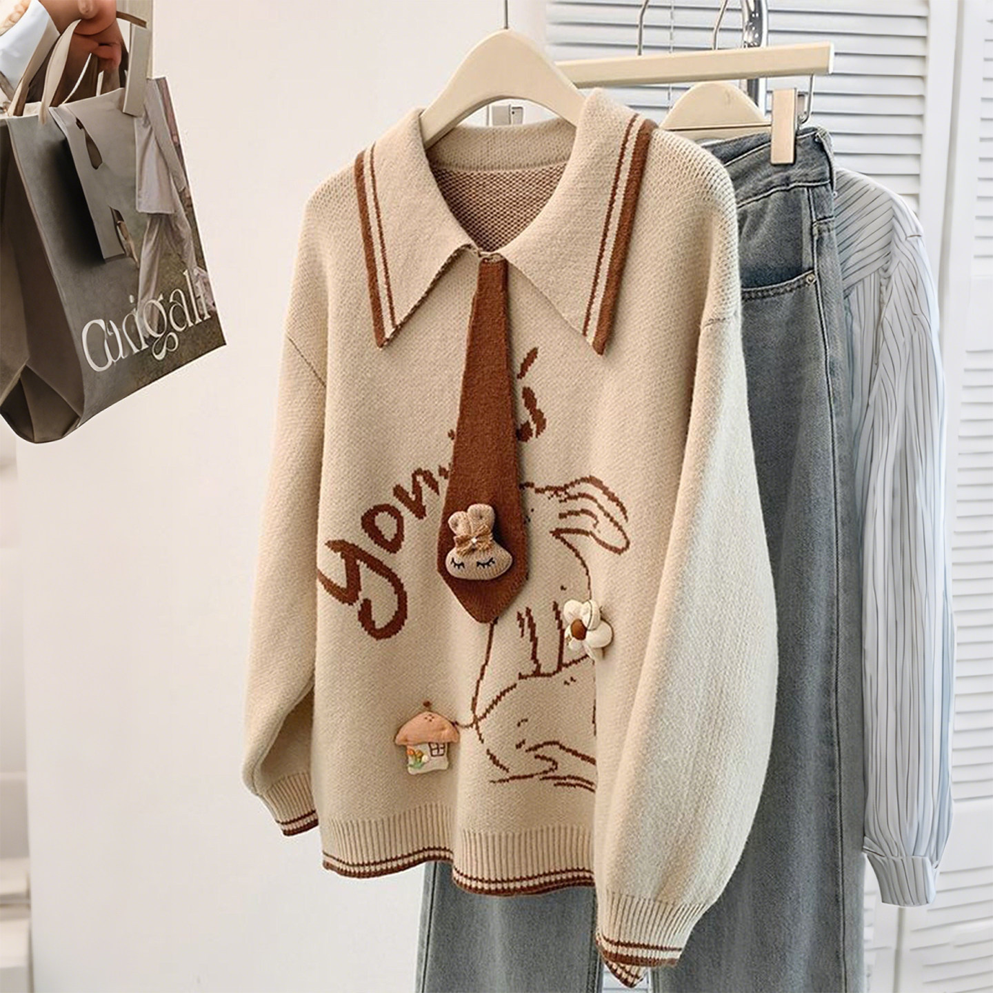 特大码女装胖mm学院风卡通针织毛衣女宽松显瘦POLO领长袖减龄上衣,女装/女士精品,大码内搭,淘宝优惠券,粉丝福利购,淘宝优惠卷