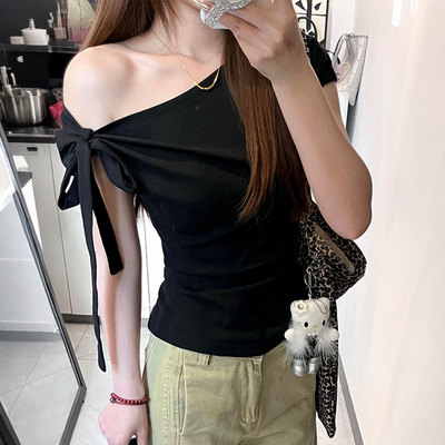 大码女装美式复古蝴蝶结短袖t恤