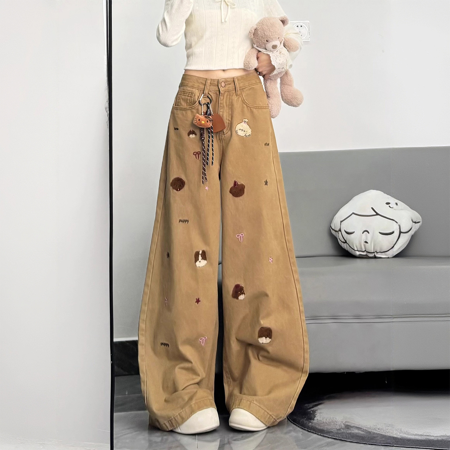 大码女装卡其色小狗刺绣阔腿裤