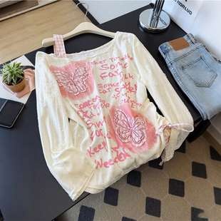 T恤女宽松显瘦抽绳上衣潮 胖mm甜美少女风蝴蝶印花长袖 特大码 女装