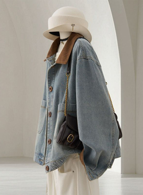 300斤大码女装胖mm复古撞色翻领牛仔外套女宽松显瘦时尚夹克上衣