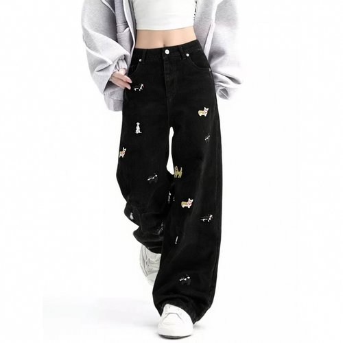 特大码女装胖mm美式复古刺绣黑色牛仔裤女高腰显瘦直筒阔腿裤子潮