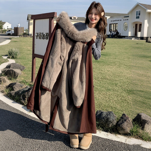 棉服女加厚保暖宽松棉衣外套潮 胖mm设计感毛领长款 300斤大码 女装