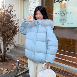 加厚保暖棉衣外套潮 胖mm毛领连帽设计感面包棉服女冬季 特大码 女装