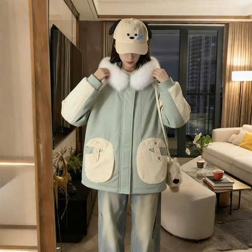 特大码女装胖mm大毛领派克服棉服