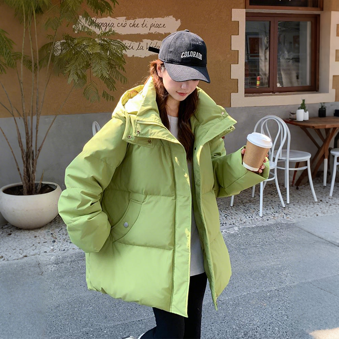 特大码女装胖mm果绿色连帽棉服