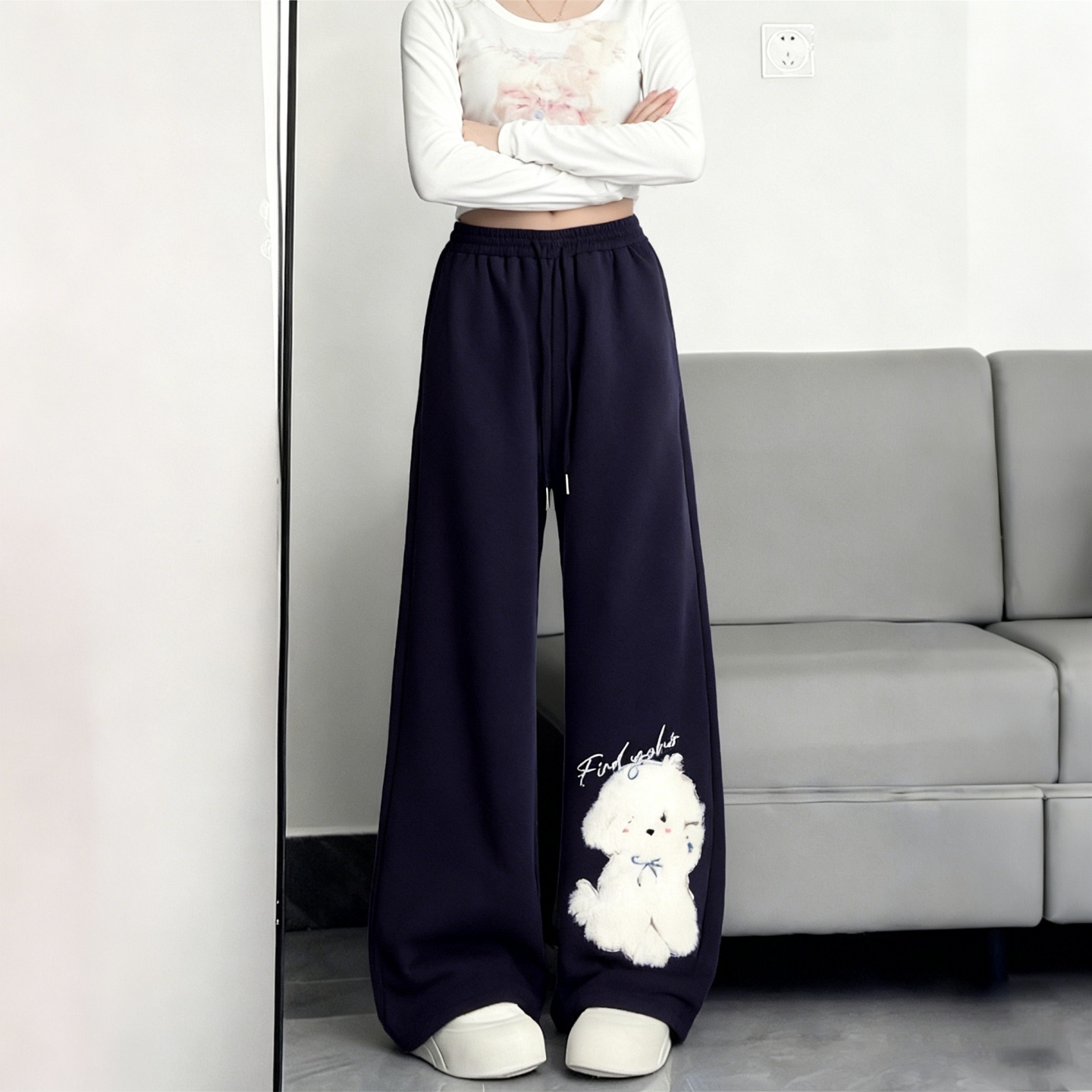 300斤大码女装胖mm小狗贴布阔腿休闲裤女高腰显瘦设计感直筒裤子