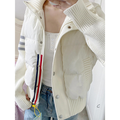 2-300斤胖mm大码针织拼接棉服女冬季白色休闲立领加厚棉衣外套潮