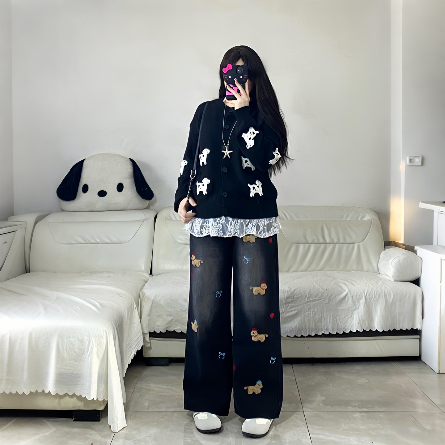 大码女装胖mm卡通风腊肠小狗刺绣牛仔裤女高腰显瘦设计感阔腿裤潮