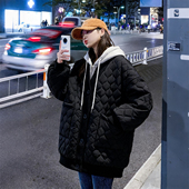 300斤大码 女装 假两件菱格纹棉服女加厚保暖胖mm宽松百搭棉衣外套